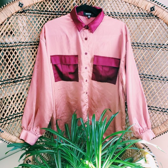 Oversized satin shirt with contrast pockets in pink UK 6 EU 34 US 2 - Picture 2 of 3